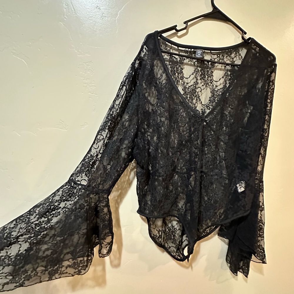 Plus Black Lace Body Suit // Bell Sleeve Body Suit // Lacey Body Suit.
